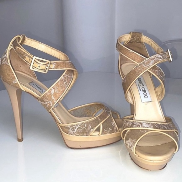 Jimmy Choo Shoes - Jimmy Choo Gold Lace Strappy Platform Heels
